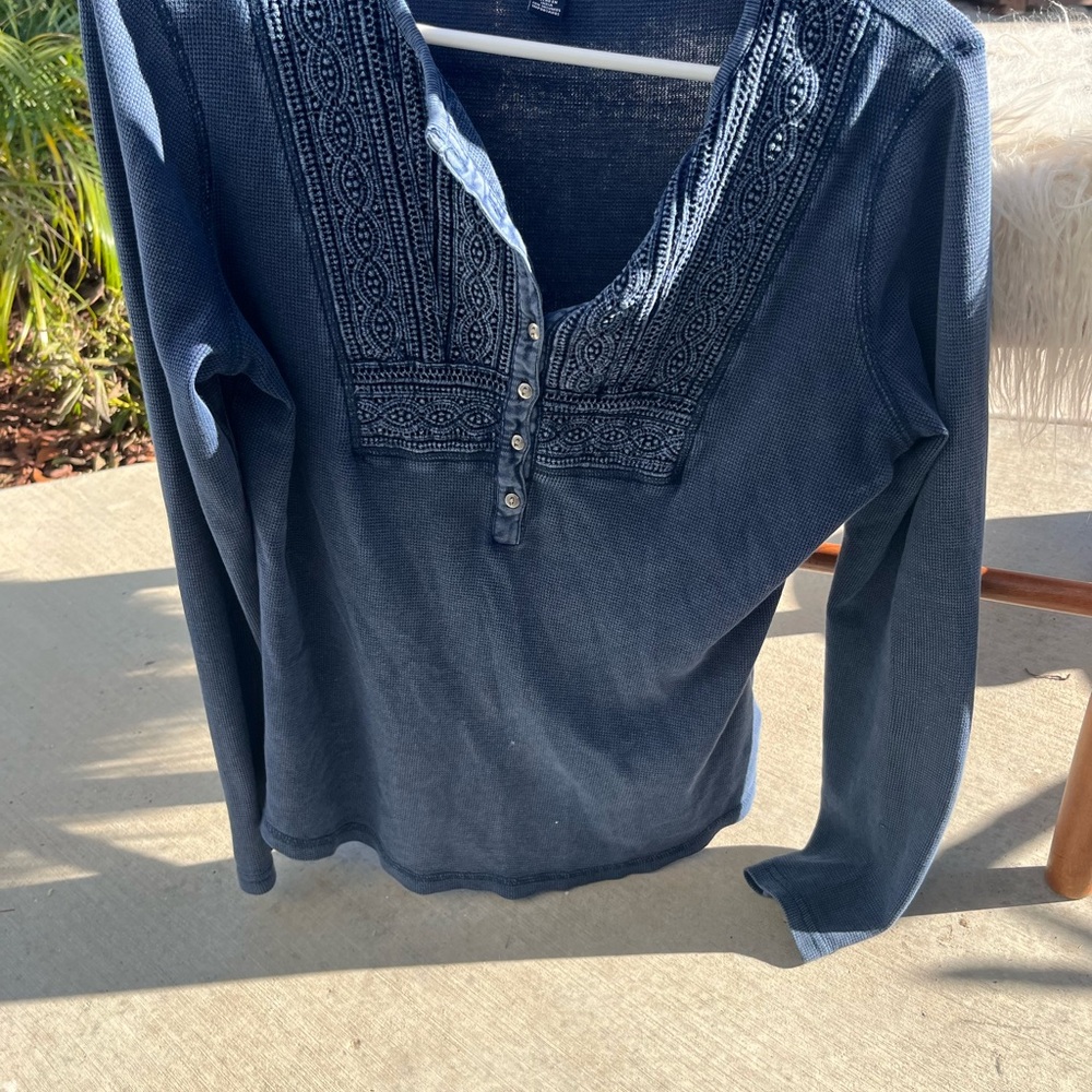 Blue Long Sleeve Embroidered Top